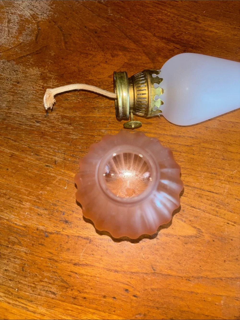 Vintage pink frosted pink rib design 3footed base miniature hurricane oil lamp
